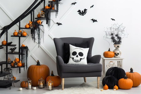 White toned living room interior with Halloween decorations. Background for Halloween.の素材