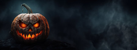 Halloween pumpkin head jack-o-lantern on dark background.の素材