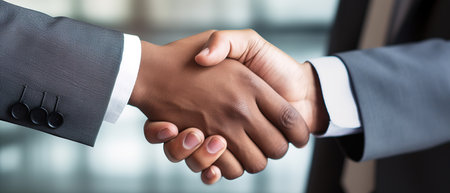 Business shaking hands, finishing up meeting. Successful businessmen handshaking after good deal. Congratulation, merger and acquisition concepts, panoramic banner.の素材
