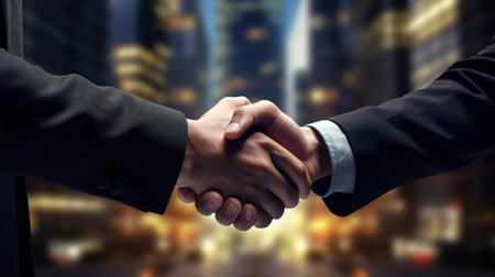 Business shaking hands, finishing up meeting. Successful businessmen handshaking after good deal. Congratulation, merger and acquisition concepts, panoramic banner.の素材