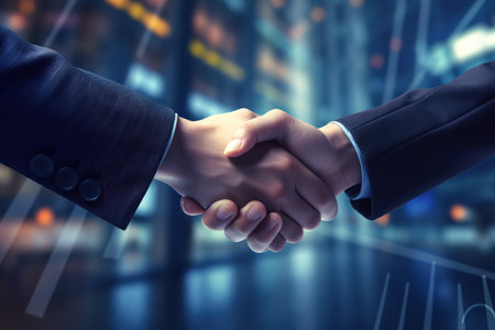Business shaking hands, finishing up meeting. Successful businessmen handshaking after good deal. Congratulation, merger and acquisition concepts, panoramic banner.の素材