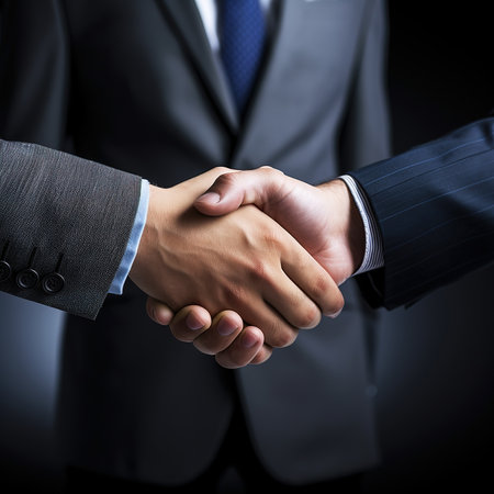 Business shaking hands, finishing up meeting. Successful businessmen handshaking after good deal. Congratulation, merger and acquisition concepts, panoramic banner.の素材
