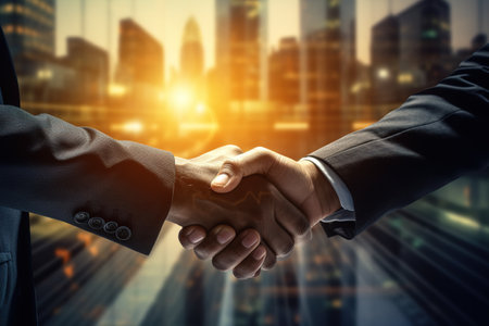Business shaking hands, finishing up meeting. Successful businessmen handshaking after good deal. Congratulation, merger and acquisition concepts, panoramic banner.の素材
