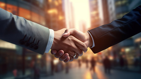 Business shaking hands, finishing up meeting. Successful businessmen handshaking after good deal. Congratulation, merger and acquisition concepts, panoramic banner.の素材
