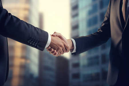 Business shaking hands, finishing up meeting. Successful businessmen handshaking after good deal. Congratulation, merger and acquisition concepts, panoramic banner.の素材