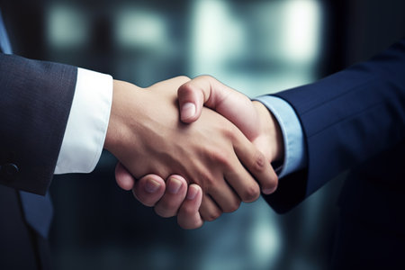 Business shaking hands, finishing up meeting. Successful businessmen handshaking after good deal. Congratulation, merger and acquisition concepts, panoramic banner.の素材