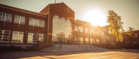 Exterior view of a typical American school.の素材