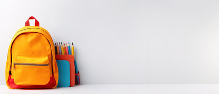 Backpack with bright school stationery on isolate background, banner design. Back to school concept.の素材
