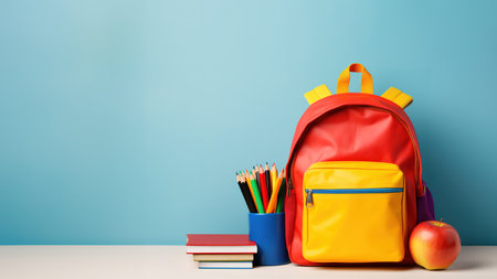 Backpack with bright school stationery on isolate background, banner design. Back to school concept.の素材