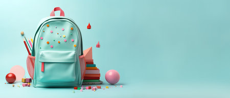 Backpack with bright school stationery on isolate background, banner design. Back to school concept.の素材