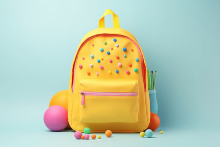 Backpack with bright school stationery on isolate background, banner design. Back to school concept.の素材