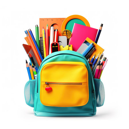 Backpack with bright school stationery on isolate background, banner design. Back to school concept.の素材