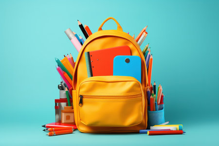 Backpack with bright school stationery on isolate background, banner design. Back to school concept.の素材