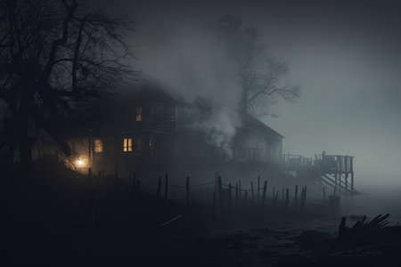 Smoke and mist in the darkness background, Defocused and abstract Halloween backdrop.の素材