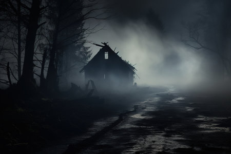 Smoke and mist in the darkness background, Defocused and abstract Halloween backdrop.の素材