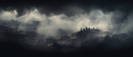 Smoke and mist in the darkness background, Defocused and abstract Halloween backdrop.の素材