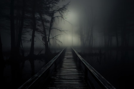 Smoke and mist in the darkness background, Defocused and abstract Halloween backdrop.の素材