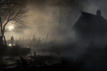 Smoke and mist in the darkness background, Defocused and abstract Halloween backdrop.の素材
