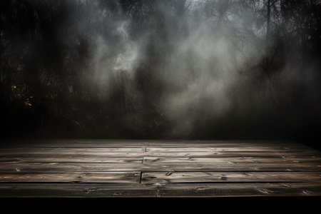 Defocused background of fog in darkness, smoke, and mist on a wooden floor. Abstract and moody Halloween backdrop.の素材