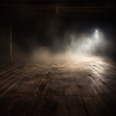 Defocused background of fog in darkness, smoke, and mist on a wooden floor. Abstract and moody Halloween backdrop.の素材