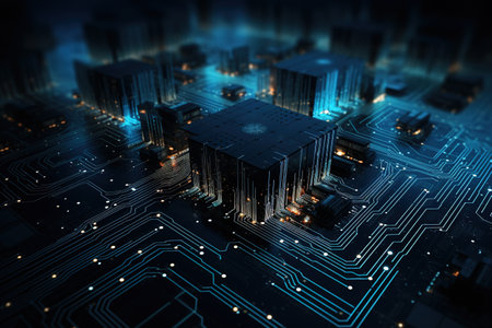 Circuit board background with abstract technology chip processor. Central Computer Processors CPU concept. Motherboard digital chip. Technology science background.の素材