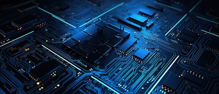 Circuit board background with abstract technology chip processor. Central Computer Processors CPU concept. Motherboard digital chip. Technology science background.の素材