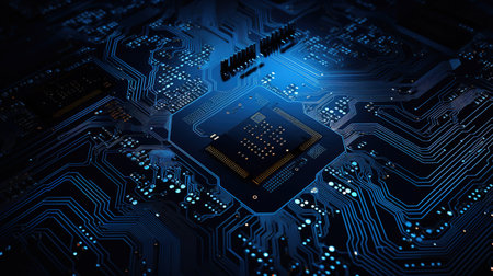 Circuit board background with abstract technology chip processor. Central Computer Processors CPU concept. Motherboard digital chip. Technology science background.の素材