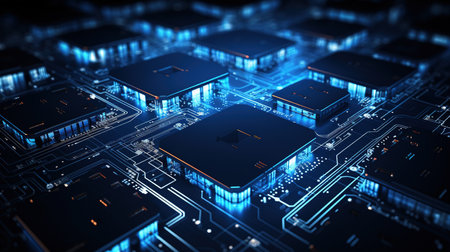 Circuit board background with abstract technology chip processor. Central Computer Processors CPU concept. Motherboard digital chip. Technology science background.の素材
