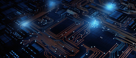Circuit board background with abstract technology chip processor. Central Computer Processors CPU concept. Motherboard digital chip. Technology science background.の素材