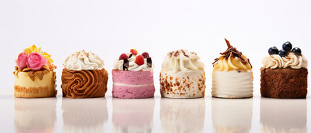 Set of delicious cakes. Small sweet cakes isolated on white background. Bakery products. Banner design.の素材