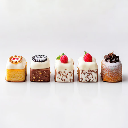 Set of delicious cakes. Small sweet cakes isolated on white background. Bakery products. Banner design.の素材