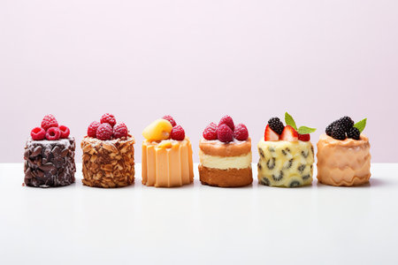 Set of delicious cakes. Small sweet cakes isolated on white background. Bakery products. Banner design.の素材
