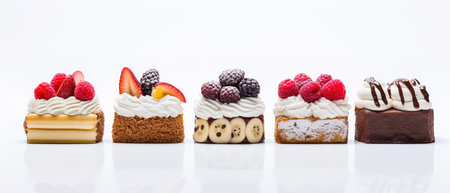 Set of delicious cakes. Small sweet cakes isolated on white background. Bakery products. Banner design.の素材