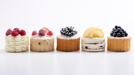 Set of delicious cakes. Small sweet cakes isolated on white background. Bakery products. Banner design.の素材