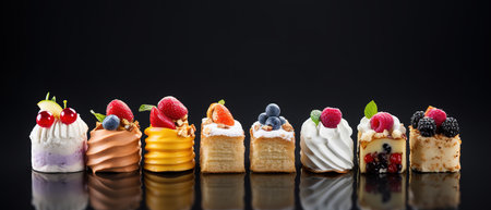 Set of delicious cakes. Small sweet cakes isolated on white background. Bakery products. Banner design.の素材
