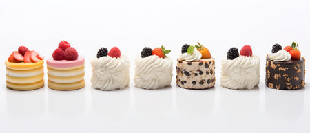 Set of delicious cakes. Small sweet cakes isolated on white background. Bakery products. Banner design.の素材