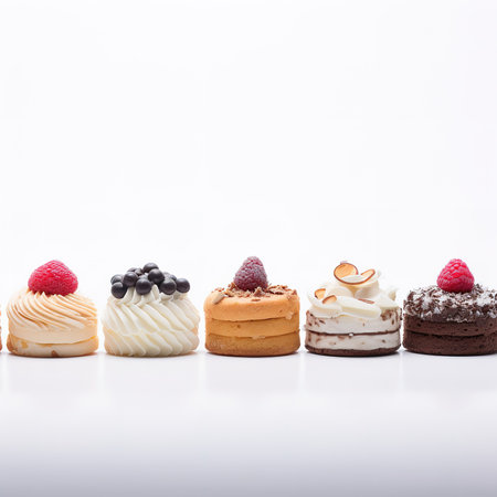 Set of delicious cakes. Small sweet cakes isolated on white background. Bakery products. Banner design.の素材