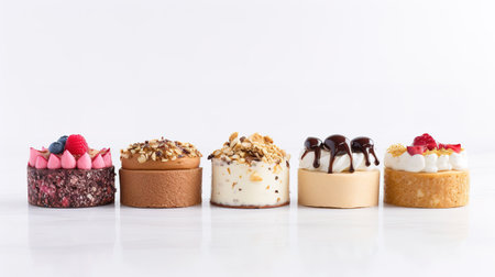 Set of delicious cakes. Small sweet cakes isolated on white background. Bakery products. Banner design.の素材