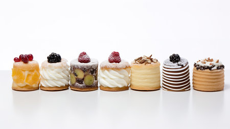 Set of delicious cakes. Small sweet cakes isolated on white background. Bakery products. Banner design.の素材