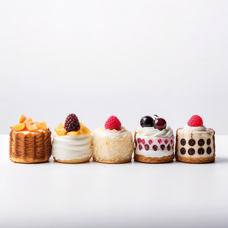 Set of delicious cakes. Small sweet cakes isolated on white background. Bakery products. Banner design.の素材
