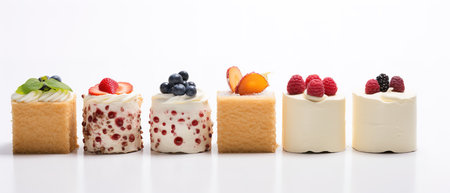 Set of delicious cakes. Small sweet cakes isolated on white background. Bakery products. Banner design.の素材