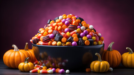 Halloween decorations pumpkin basket with candies on isolated violet background with copyspace. Halloween concept.の素材