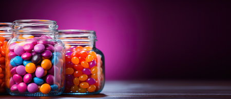 Halloween decorations pumpkin basket with candies on isolated violet background with copyspace. Halloween concept.の素材