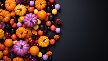 Halloween decorations pumpkin basket with candies on isolated violet background with copyspace. Halloween concept.の素材