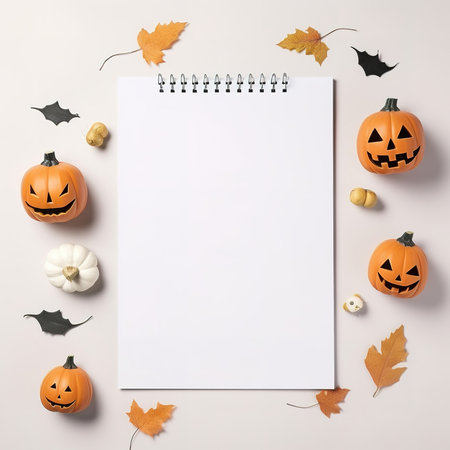 Blank paper sheet with Halloween decorations on pastel background. Greeting card, invitation mockup. Place for inscription. Pumpkin. Modern Minimal business template. top view. Holiday Concept.の素材