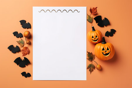 Blank paper sheet with Halloween decorations on pastel background. Greeting card, invitation mockup. Place for inscription. Pumpkin. Modern Minimal business template. top view. Holiday Concept.の素材