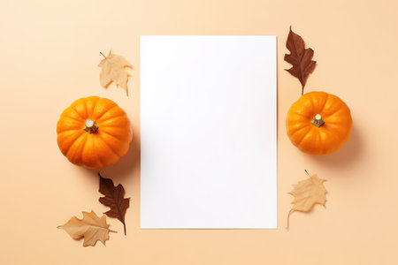 Blank paper sheet with Halloween decorations on pastel background. Greeting card, invitation mockup. Place for inscription. Pumpkin. Modern Minimal business template. top view. Holiday Concept.の素材