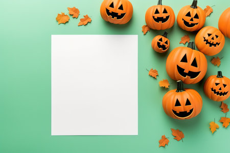 Blank paper sheet with Halloween decorations on pastel background. Greeting card, invitation mockup. Place for inscription. Pumpkin. Modern Minimal business template. top view. Holiday Concept.の素材