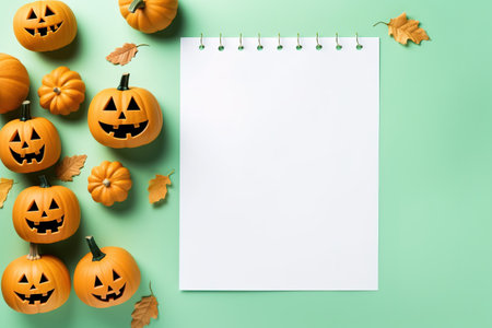 Blank paper sheet with Halloween decorations on pastel background. Greeting card, invitation mockup. Place for inscription. Pumpkin. Modern Minimal business template. top view. Holiday Concept.の素材
