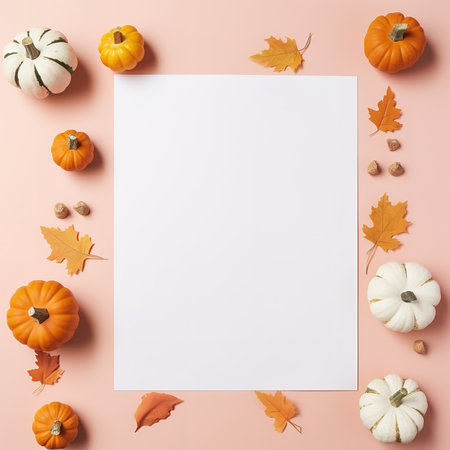 Blank paper sheet with Halloween decorations on pastel background. Greeting card, invitation mockup. Place for inscription. Pumpkin. Modern Minimal business template. top view. Holiday Concept.の素材